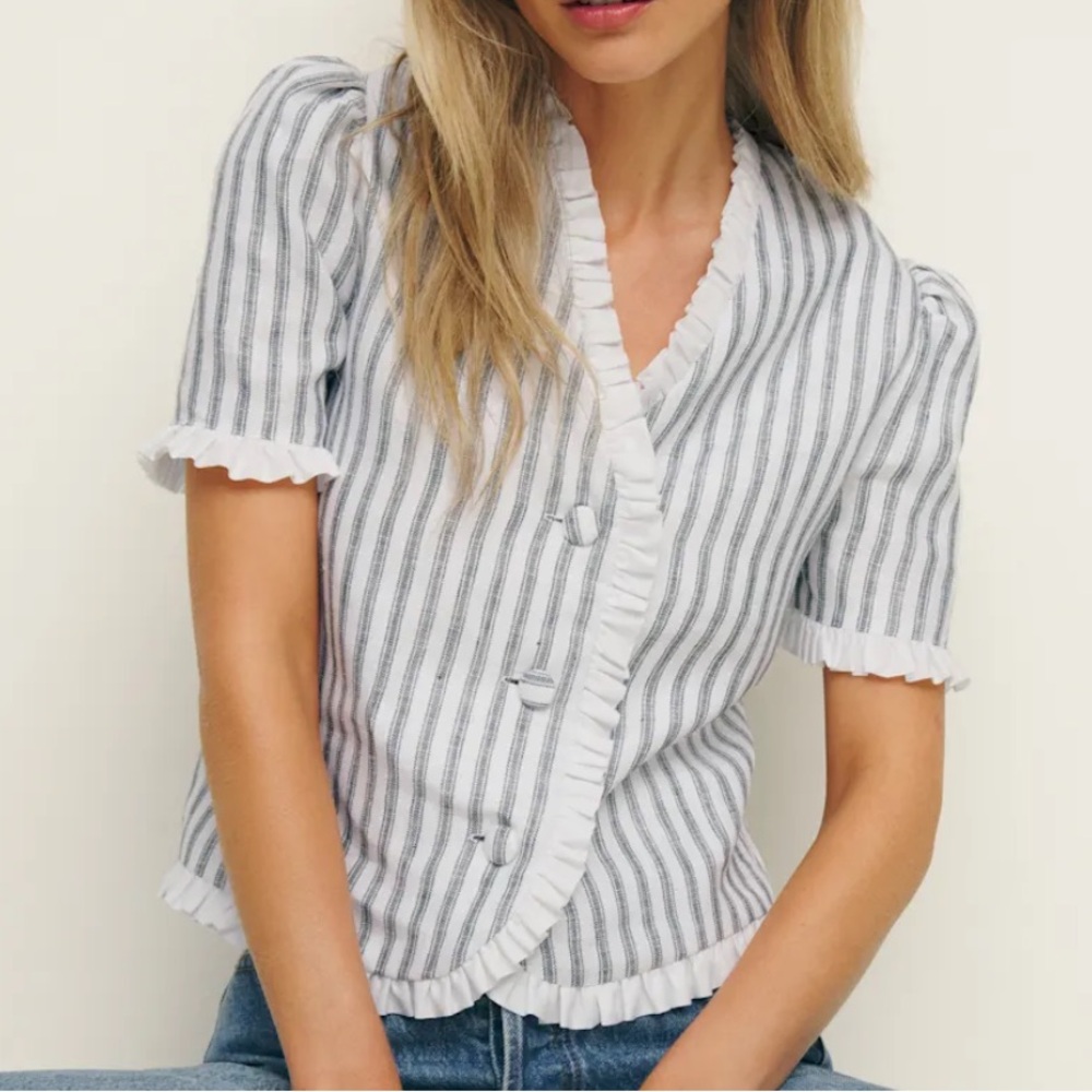 Reformation Antibes Striped Blue and White Bess Top